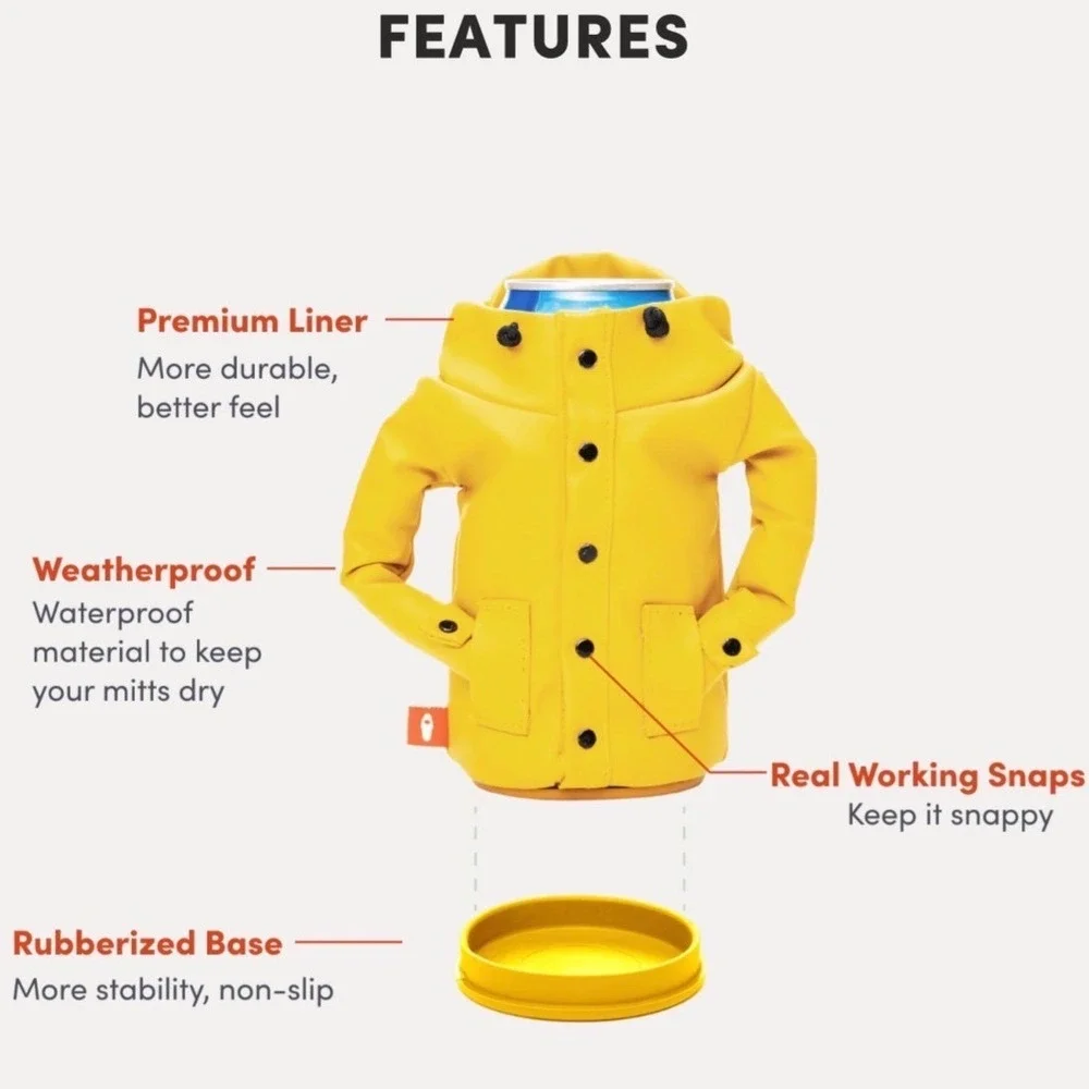 NEW PUFFIN Raincoat Drink Koozie Yellow Novelty Beer Can Bottle Holder Sleeve